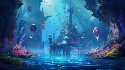An immersive AI-generated underwater world with colorful coral reefs, exotic marine life, and rays of sunlight penetrating the crystal-clear water.