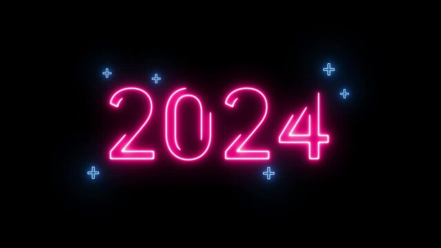 Video graphic with neon lights showing the number 2024, representing the entry into a new year with exciting and modern technology, video background overlay