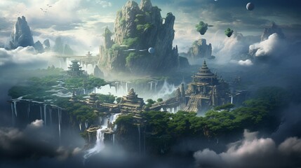 An otherworldly landscape with floating islands and ancient ruins in the clouds.