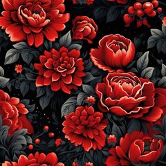 Seamless pattern of red lush roses on a dark background.