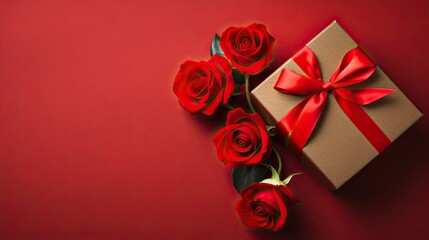 A gift box with roses on a bright red background.