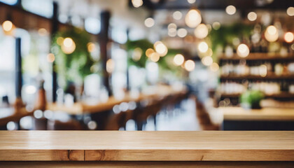 Empty brown wooden countertop with defocused restaurant background with copy space