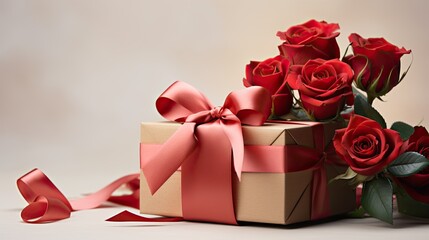 A bouquet of red roses and a gift box on a pastel background.