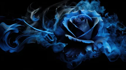 Foto op Aluminium Neon blue rose wrapped in blue smoke swirl on dark background © tashechka