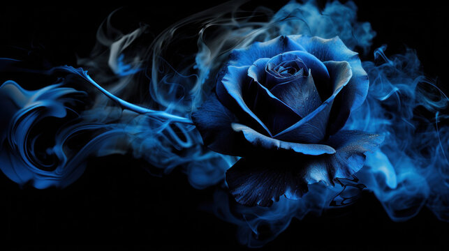 Neon blue rose wrapped in blue smoke swirl on dark background