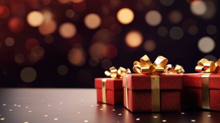 Golden gift presents on a light dark red background with colorful bokeh and stars glittering