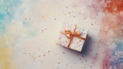 Fototapeta premium Top view of Happy New Year gift box on colorful watercolor background