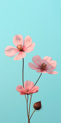 Two pink simple flowers on turquoise sky minimalistic background