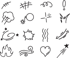 Vector set of doodle hand drawn cartoon expression signs, bomb, fire, curve direction arrow, emoticon effect design elements, cartoon character emotion symbol, cute decorative brush stroke line.