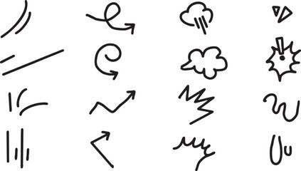 Vector set of doodle hand drawn cartoon expression signs, curve direction arrow, emoticon effect design elements, cartoon character emotion symbol, cute decorative brush stroke line.