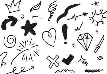 vector doodle set hand drawn, star, arrow, cross, diamond, cartoon effect