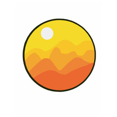 Vector set of flat symbols of sunset and sunrise in mountains. Illustration of reflection, sunset, background, seagull, bright, design, sunrise, shape, mountain, sunshine, sunshine