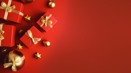 Christmas presents wrapped red paper. New Year flat lay top view background