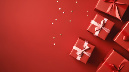 Christmas presents wrapped red paper. New Year flat lay top view background