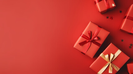 Christmas presents wrapped red paper. New Year flat lay top view background
