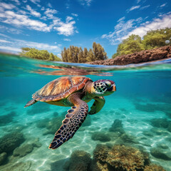 a majestic sea turtle swimming gracefully in the crystal clear waters