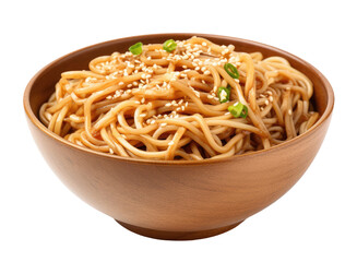 Wooden bowl with noodles isolated on transparent background, Asian cuisine