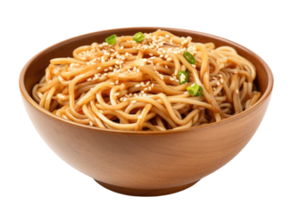 Wooden bowl with noodles isolated on transparent background, Asian cuisine