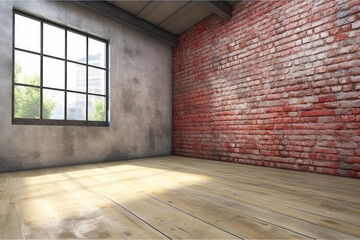 Red brick wall texture and wood floor background, Generative AI