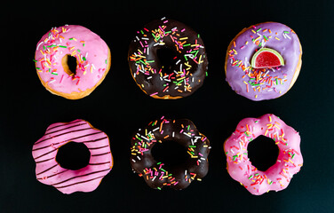 Donuts, black background, quantity 6 pieces