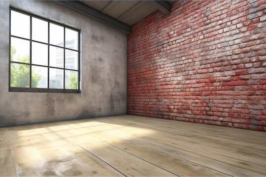 Red brick wall texture and wood floor background, Generative AI