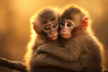 baby monkey hug together in shinning light. Generative AI