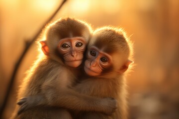 baby monkey hug together in shinning light. Generative AI - obrazy, fototapety, plakaty