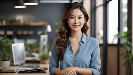 smart casual asian female startup entrepreneur small business owner business woman smile hand use tablet working organize inventory products shelf checking in showroom studio office daytime background