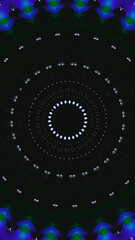 Futuristic background. Neon circle. Dimension portal. Blue green color glowing round dots pattern symmetrical geometric ornament on dark black copy space abstract illustration.