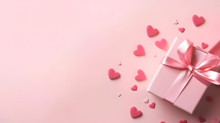 gift and small hearts on pink background with copy space