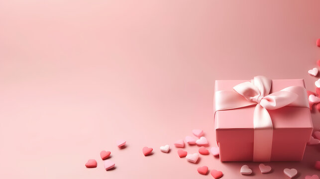 gift and small hearts on pink background with copy space
