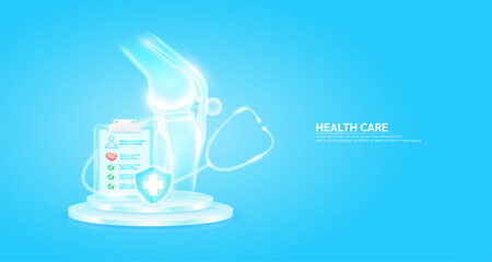 Stethoscope surrounded the knee joint bone and symbol cross in shield glass. Check mark, heart pulse in document form board floating on podium. Medical health care. Health insurance concept. Vector. © Adisak