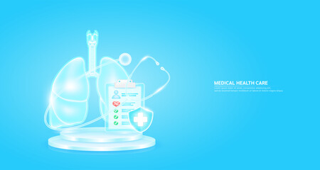 Medical health care. Stethoscope surrounded the lung and symbol cross in shield glass. Check mark, red heart pulse in document form board floating on podium. Health insurance concept. Vector.