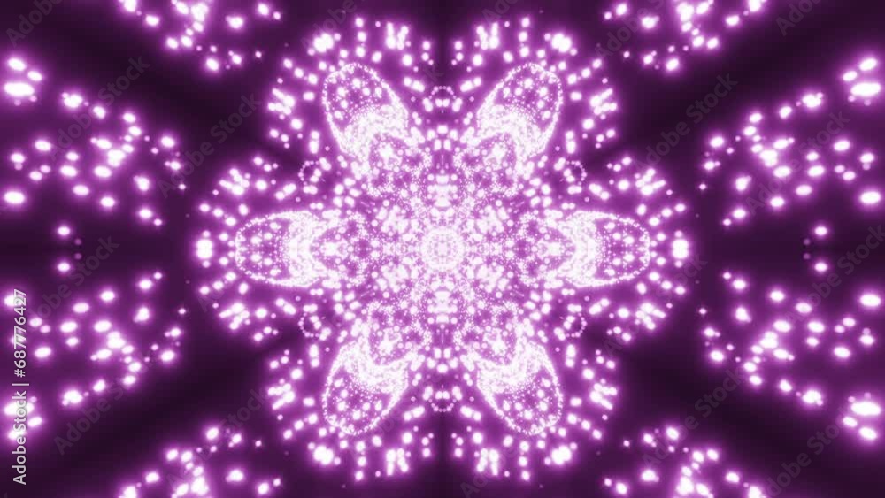 Poster Floral kaleidoscopic shape absorbing tiny glowing particles. Design. Pulsating symmetrical figure and flying dots.
