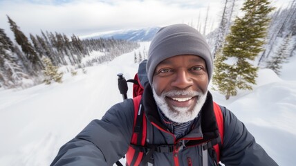 Fototapeta na wymiar Traveler influencer taking selfie during travel in winter season backpack on alps mountain comeliness