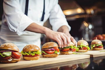 Close-up of a chef cooking burgers