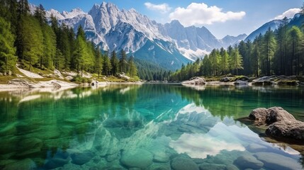 Jasna lake with beautiful reflections of the mountains. Park, 