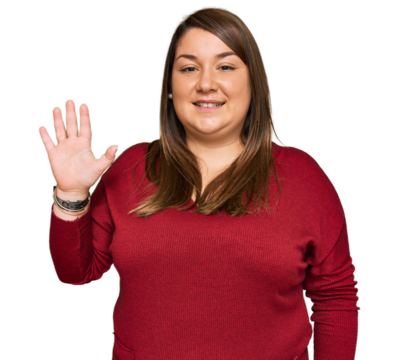Beautiful brunette plus size woman wearing casual clothes showing and pointing up with fingers number five while smiling confident and happy.