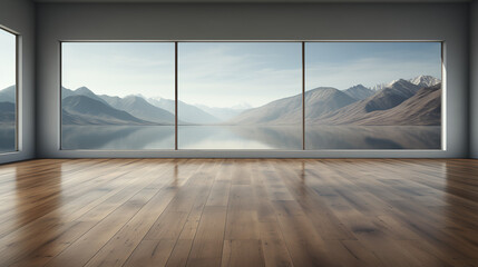 Empty room - large windows - wood floors - lake background - vacation - getaway - holiday 