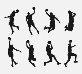 set of silhouettes of male basketball players doing jump shot, dunk. isolated on white background. vector illustration.