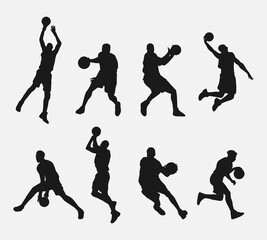 set of silhouettes of male basketball players with different poses, movements. isolated on white background. vector illustration.