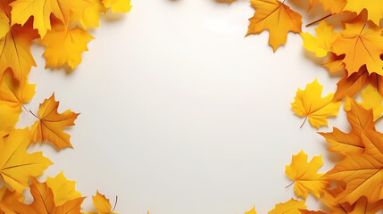 White background with autumn yellow leaves in a circle. Empty space for product placement or promotional text.