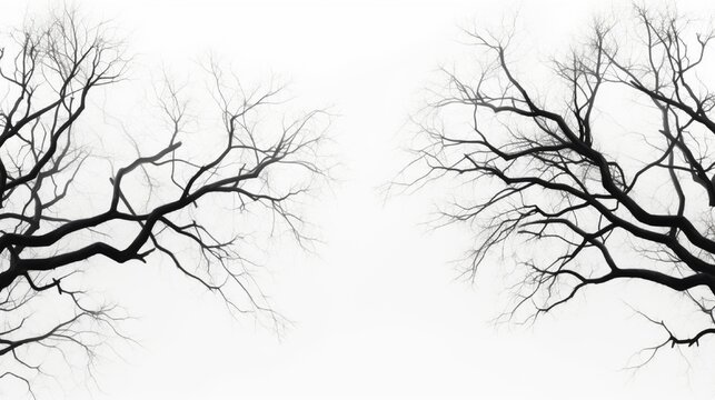 Leafless Oak tree branches silhouette. Black and white. Natural oak tree branches silhouette on a white background. Silhouettes of a dark gloomy forest with textured trees on a white background.