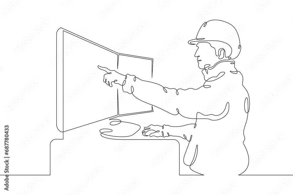 Poster engineer at work at a construction site. engineer in a helmet. construction. one continuous line dra