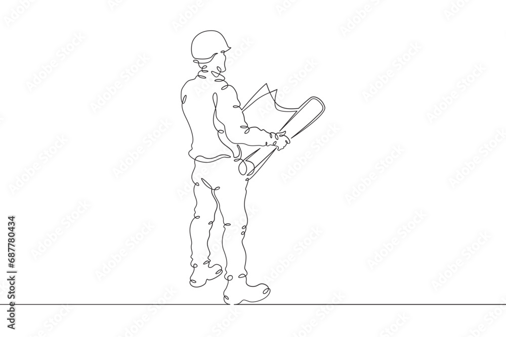 Poster engineer at work at a construction site. engineer in a helmet. construction. one continuous line dra