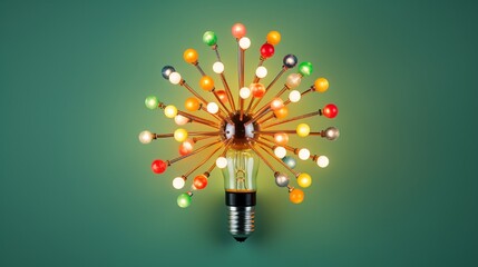 Light bulb in oval form as center of composition. Pins in different colors placed around electric...