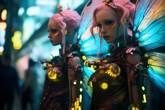 Futuristic cybernetic punk style fairies. Wallpaper.