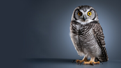 A hawk owl is in an alert position isolated on gray background