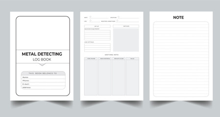 Editable Daily Metal Detecting Log Book Planner Kdp Interior printable template Design.