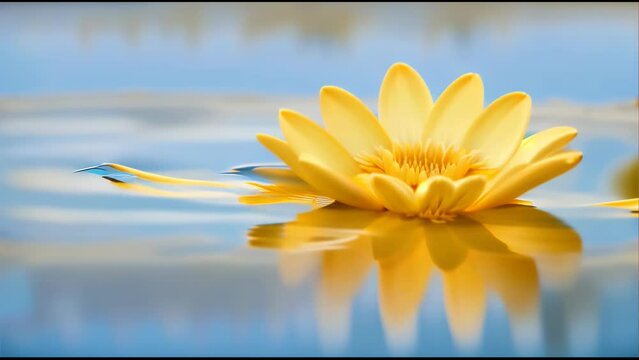 vibrant yellow flower floating on a blue water surface